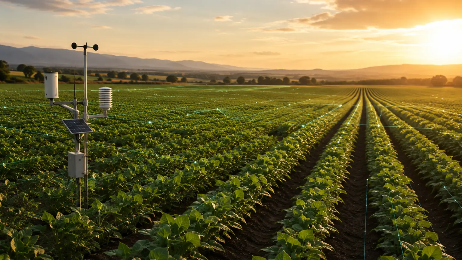 Agricultural production field with crop rows, environmental sensing and satellite-style intelligence context for Nvirosense™ agriculture monitoring.
