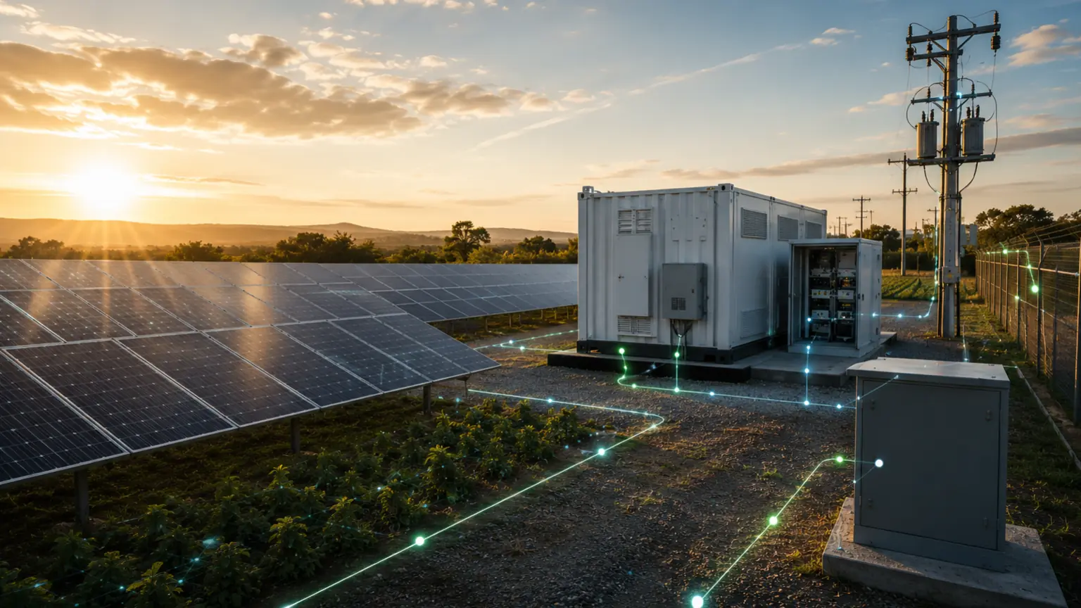 Solar generation and battery energy site with monitored power infrastructure for Nvirosense™ energy intelligence.