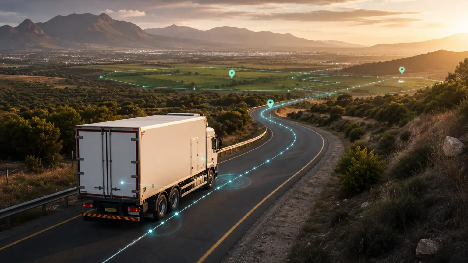 Unbranded logistics vehicle on a monitored route with geofence and route replay context for Nvirosense™ live tracking.
