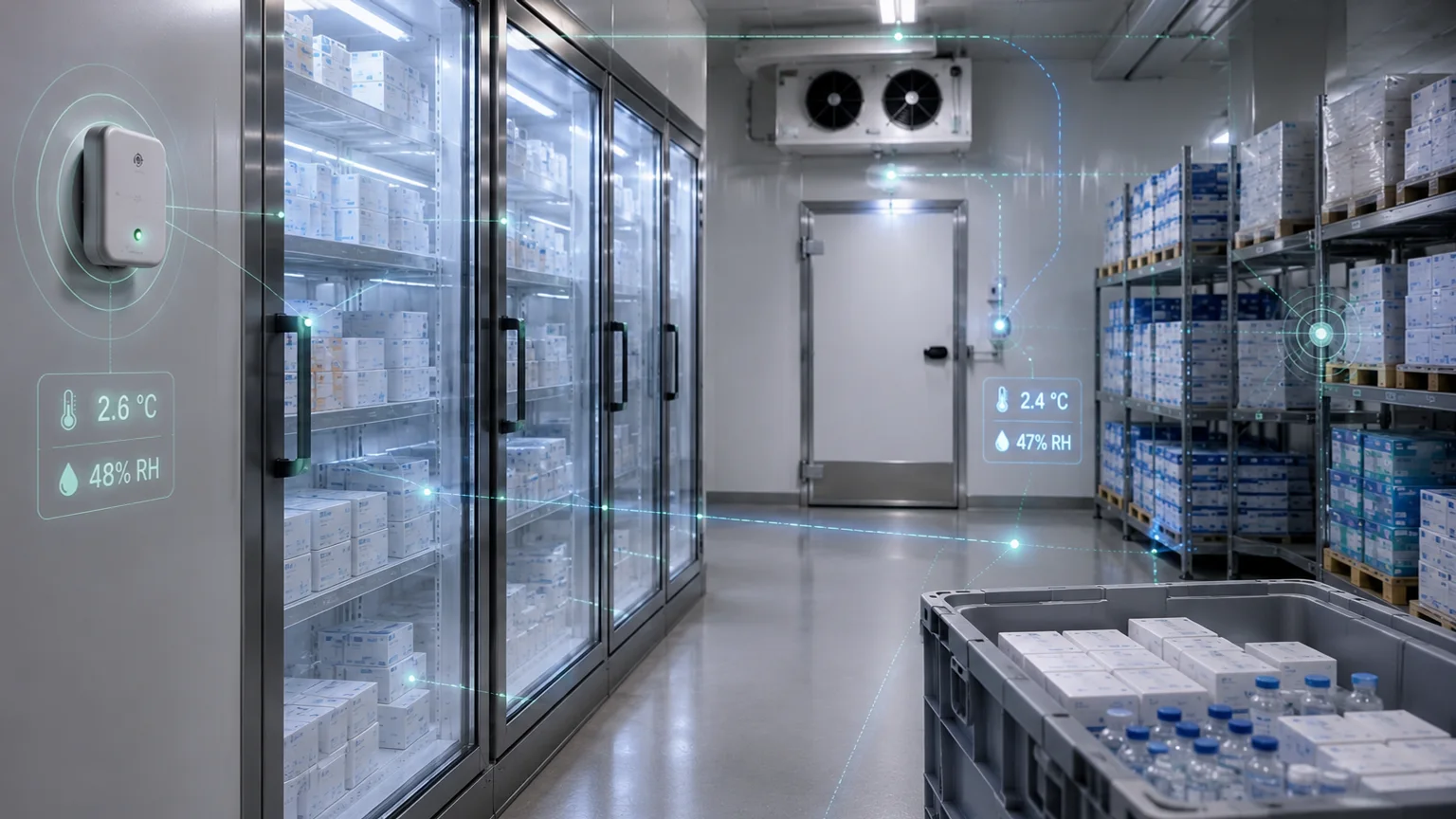Regulated pharma and cold chain storage environment with subtle temperature, humidity and monitoring intelligence context for Nvirosense™ controlled-environment monitoring.