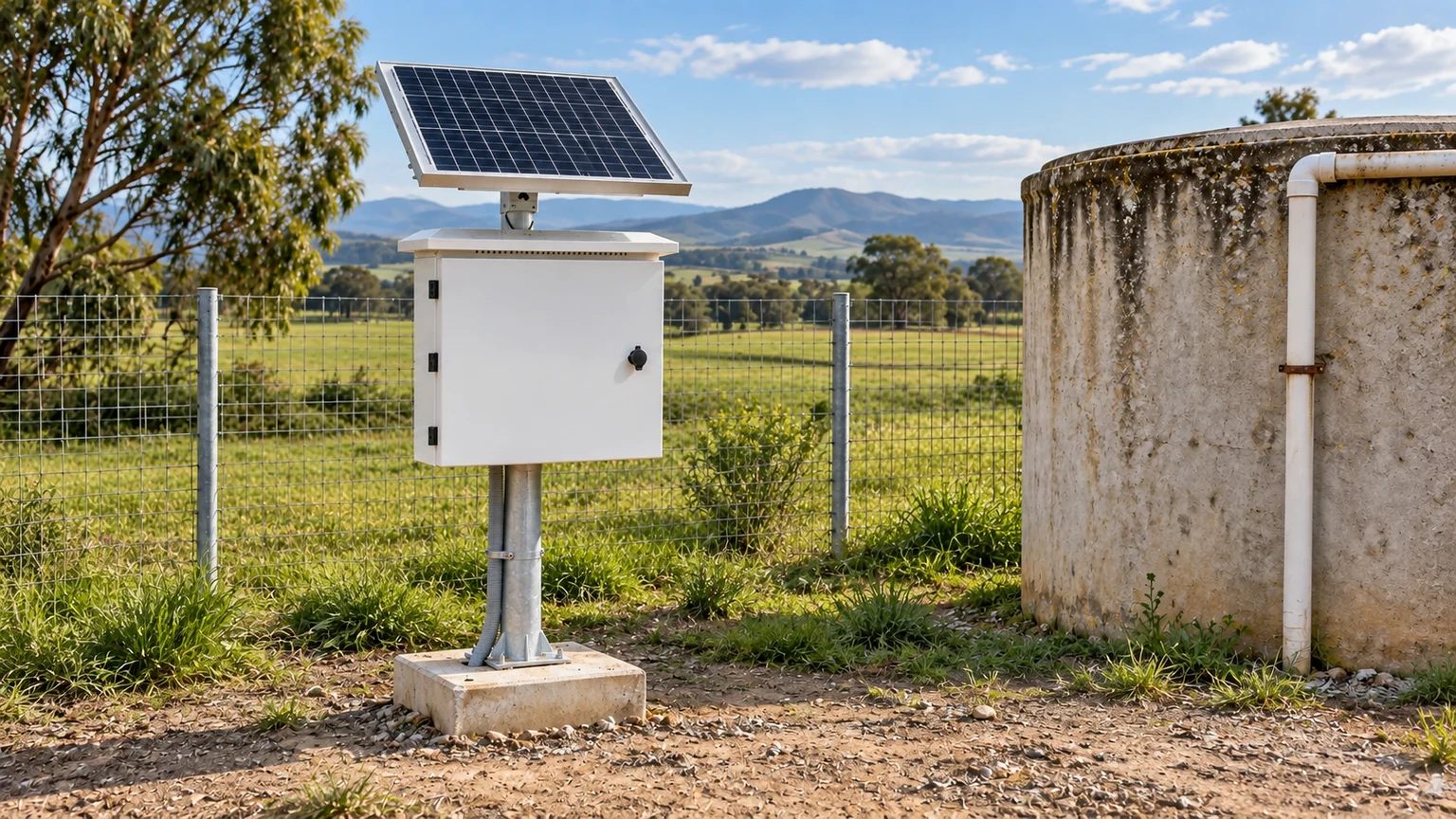 Illustrative Solar Caddy 100 off-grid power installation beside a rural utility fence and water tank