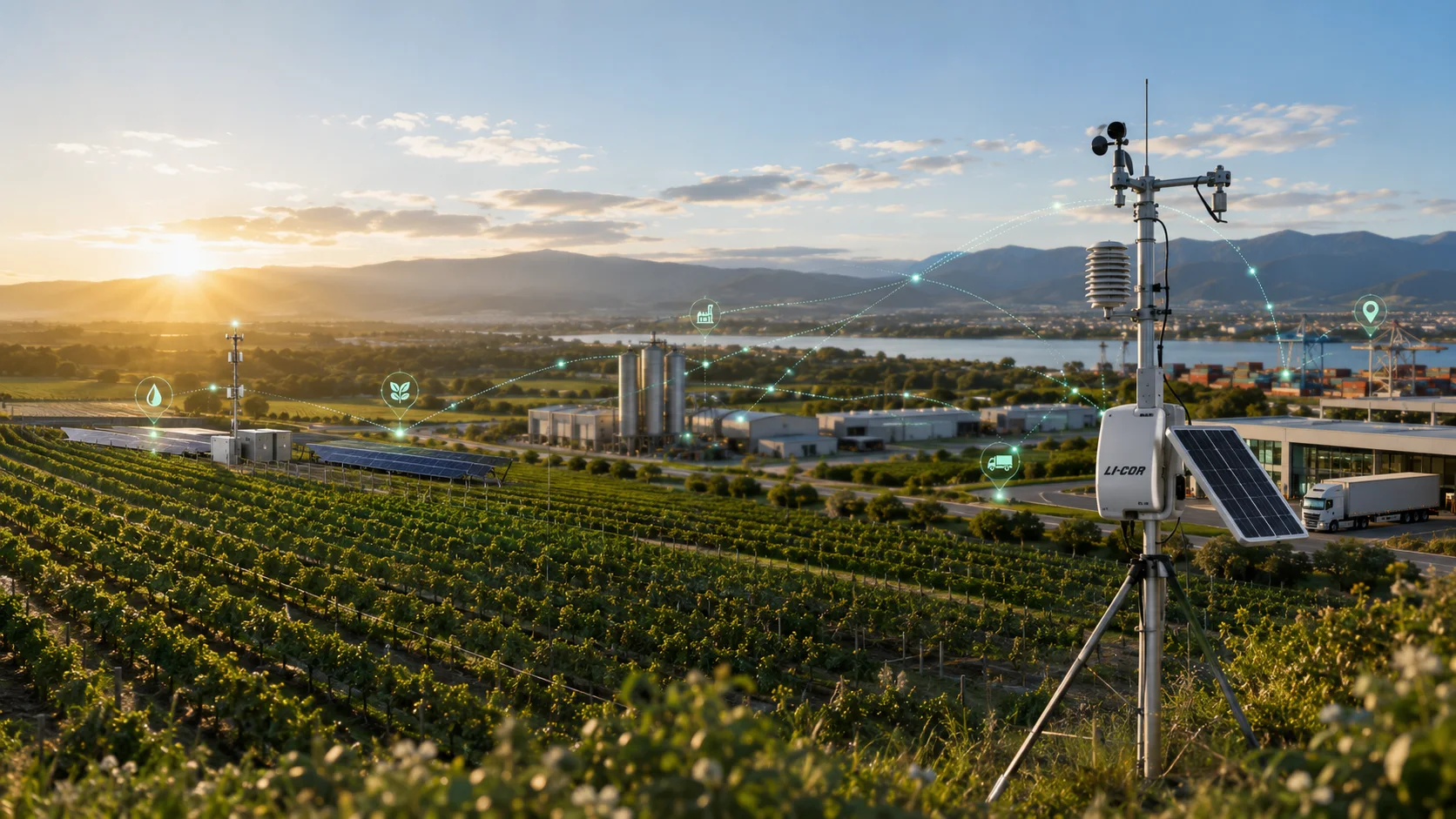 Environmental monitoring station overlooking agricultural fields, solar infrastructure, technical facilities and logistics connected through the Nvirosense™ platform.