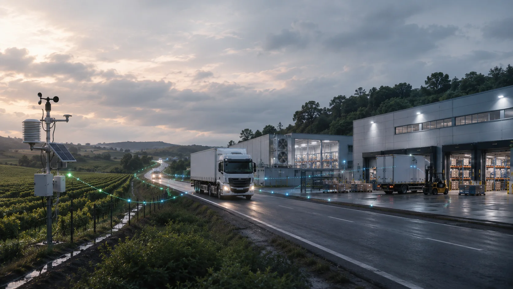 Environmental field monitoring, a logistics vehicle and a controlled warehouse connected along one monitored operational route.