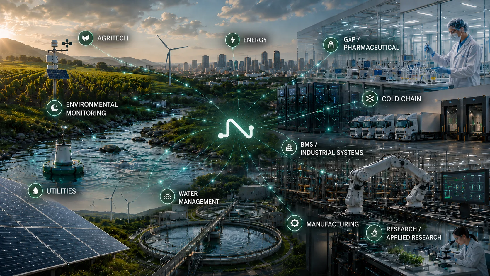 Photorealistic technical ecosystem showing agritech, environmental monitoring, energy, utilities, GxP, cold chain, industrial systems, manufacturing and applied research connected to one shared Nvirosense™ platform layer.