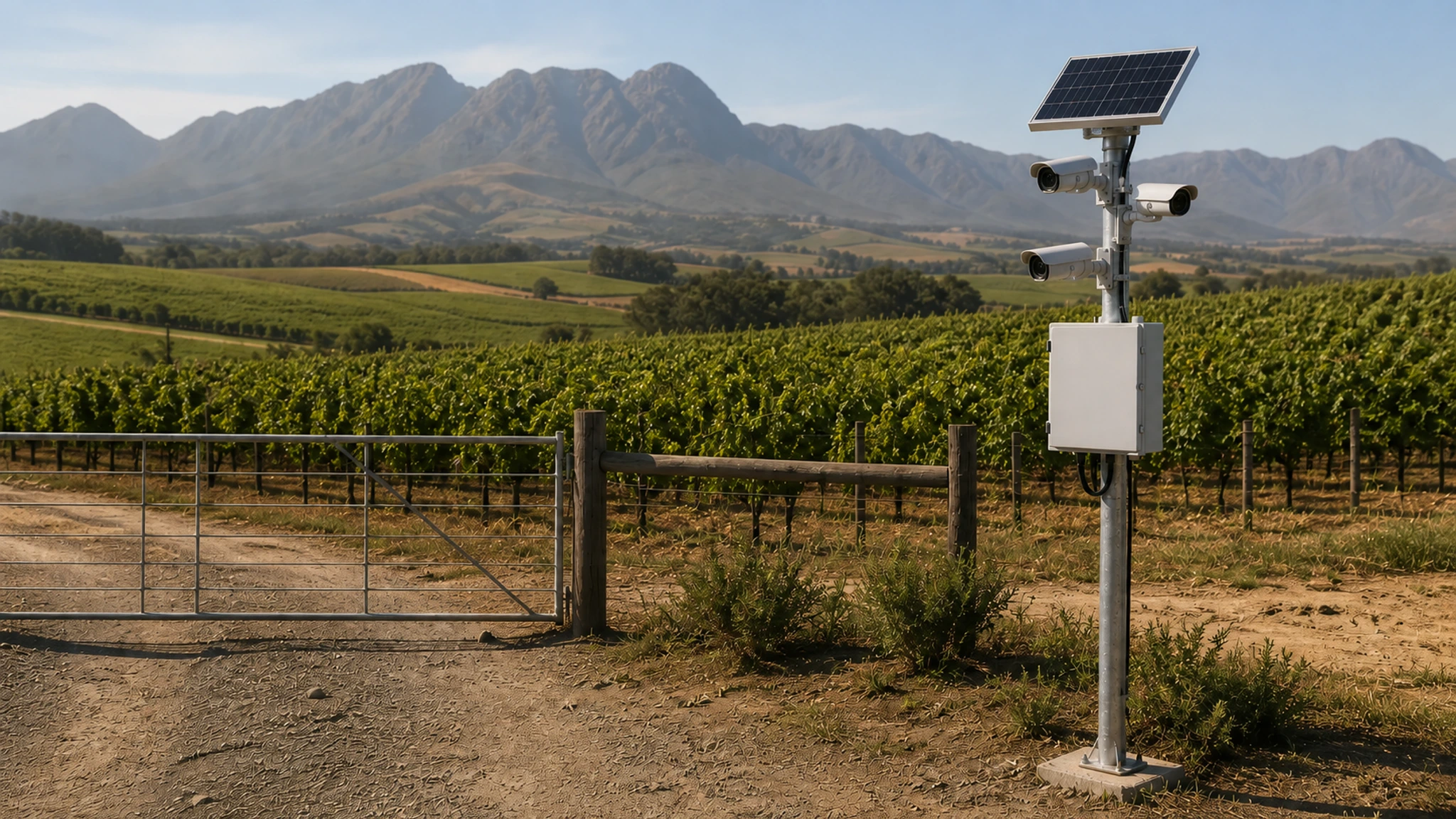 Smart Solar Caddy solar-powered multi-camera and edge installation at a remote agricultural site