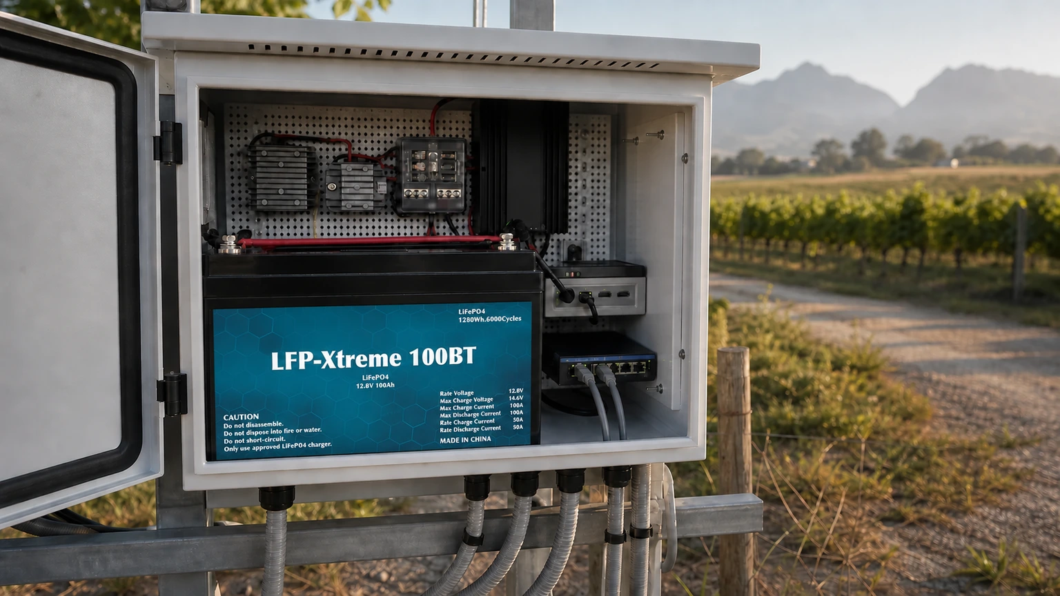 Protected Smart Solar Caddy battery, solar controller, networking and shared edge computer inside the field enclosure