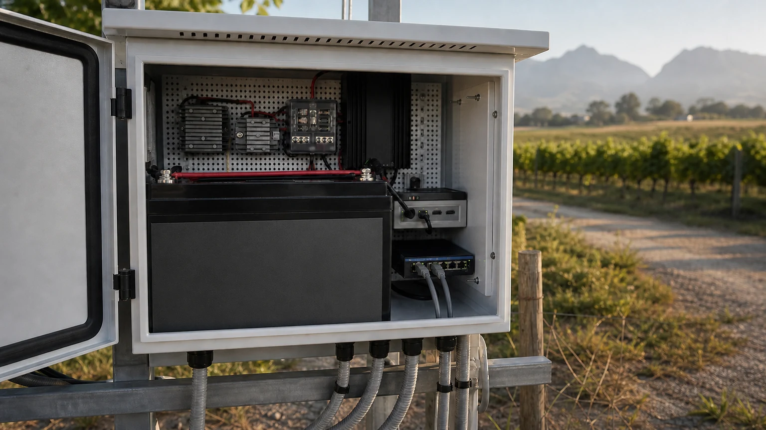 Protected Smart Caddy battery, solar controller, networking and shared edge computer inside the field enclosure