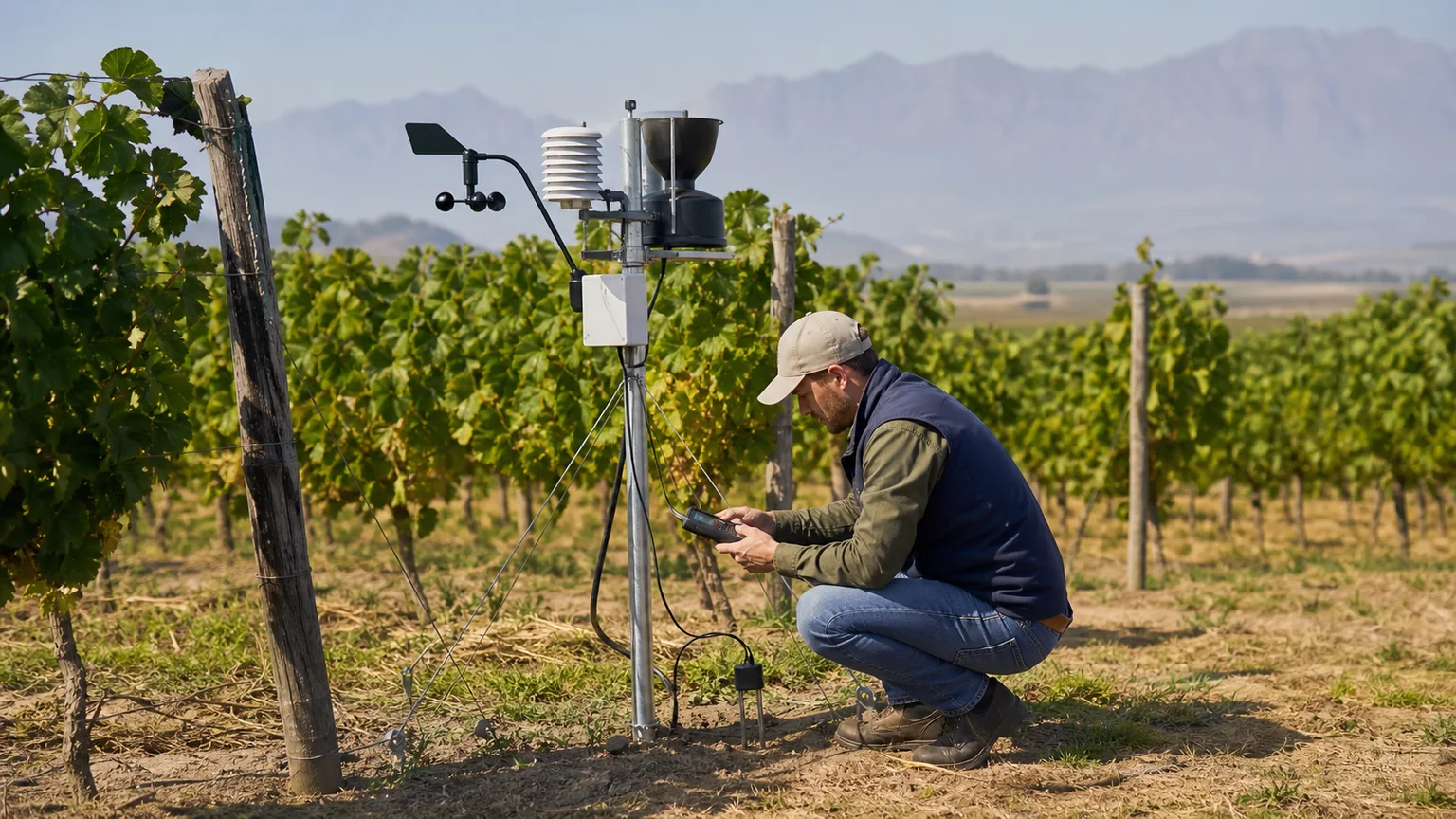 Calibrated weather and soil instrumentation operating beside commercial crop rows