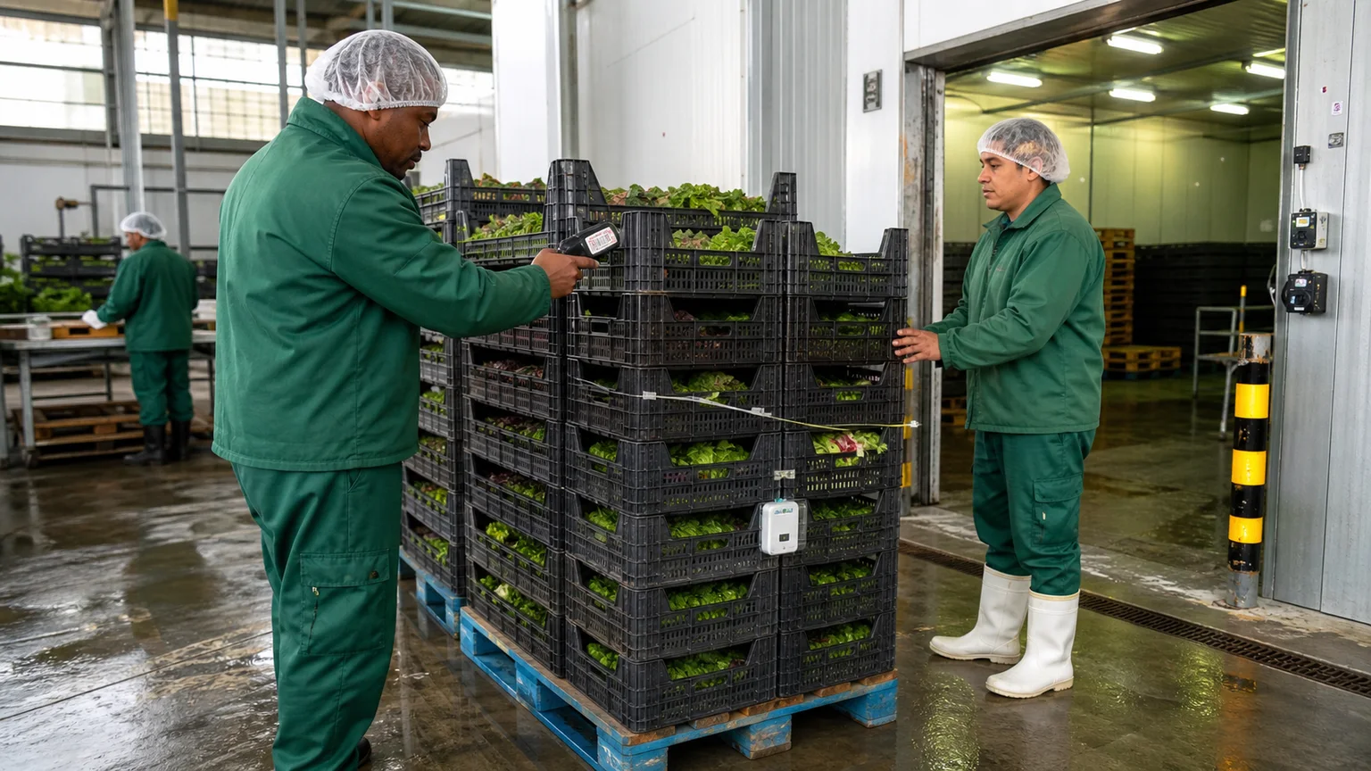 Produce crates being scanned during a packhouse handover with cold-storage operations in view