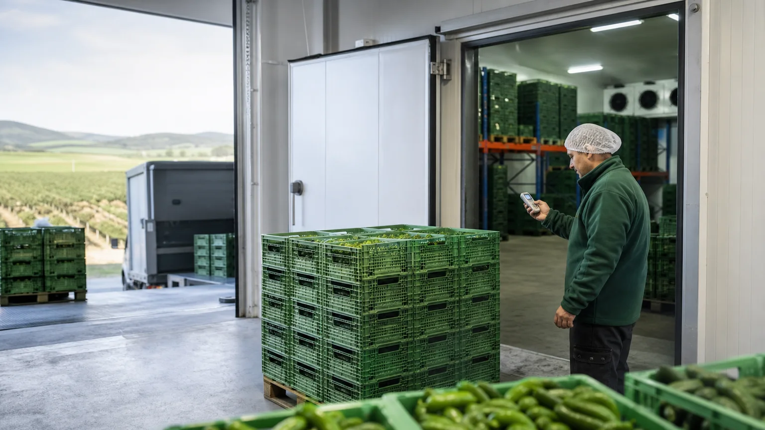 Fresh agricultural produce moving through a monitored pre-cooling and cold-storage facility