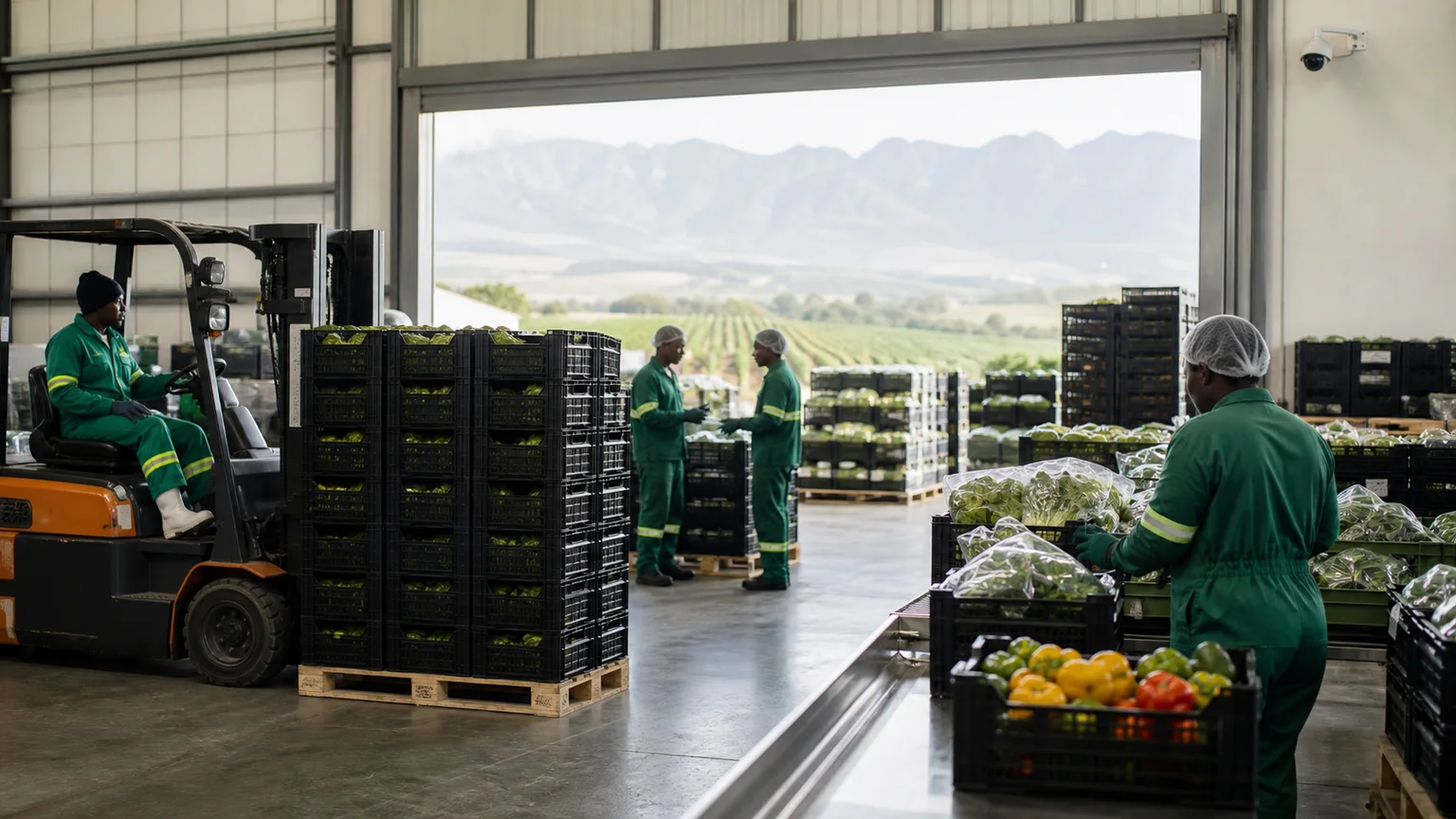 Packhouse team and forklift working through a monitored produce dispatch workflow