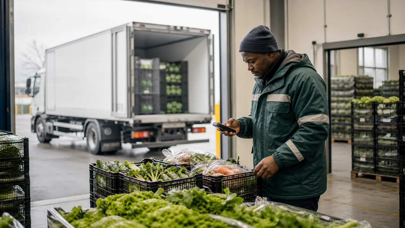 Fresh produce being received from refrigerated transport at a retail distribution point