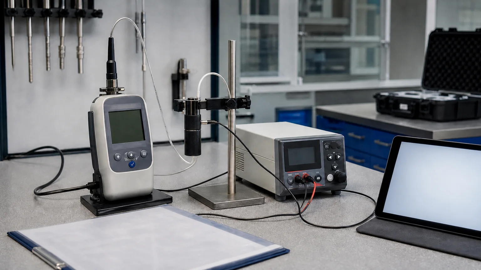 Calibrated device linked to pre-check records, result history, certificate and validity status.