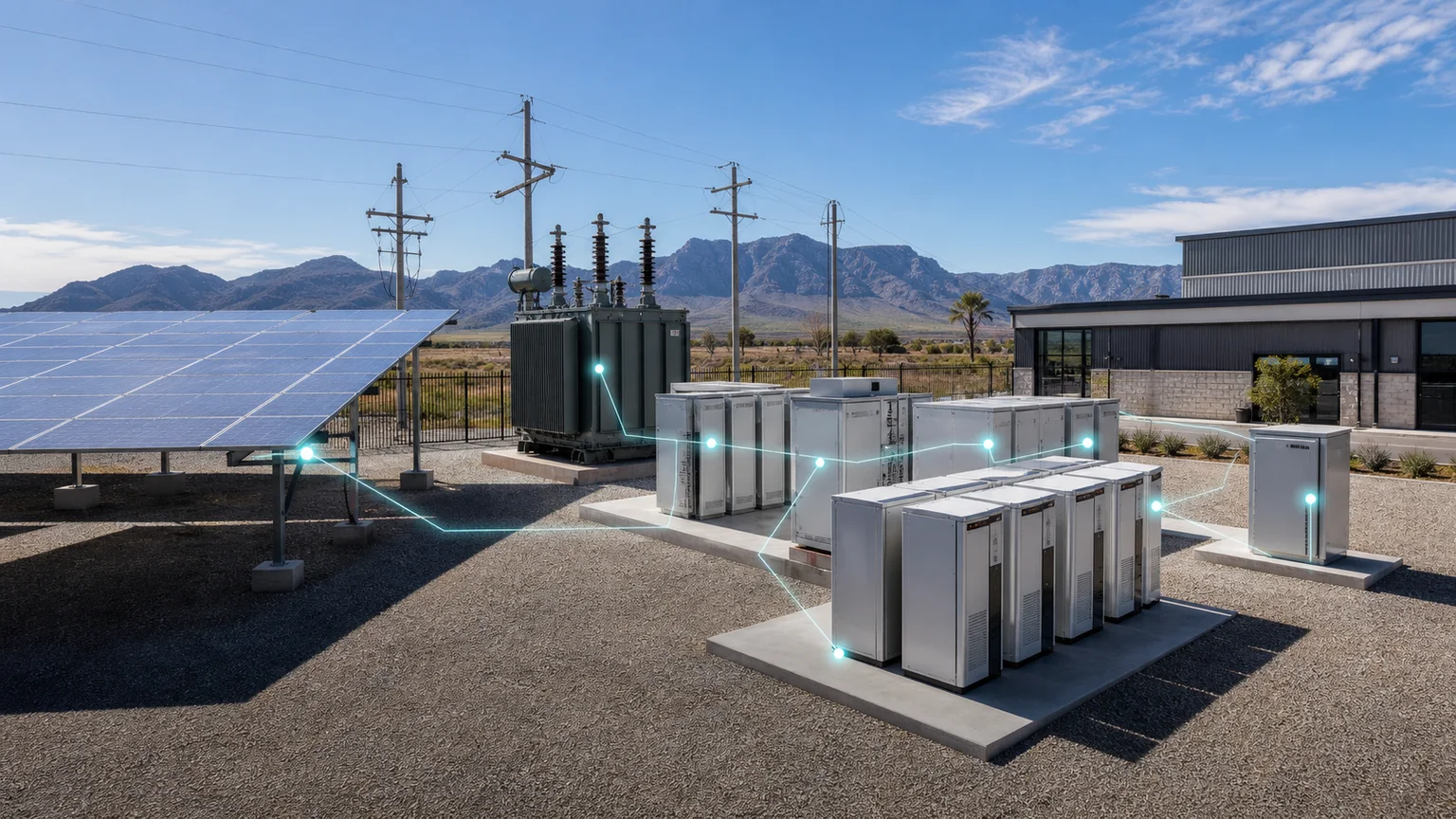 Solar generation, grid connection, storage and monitored site power infrastructure representing connected energy operations.