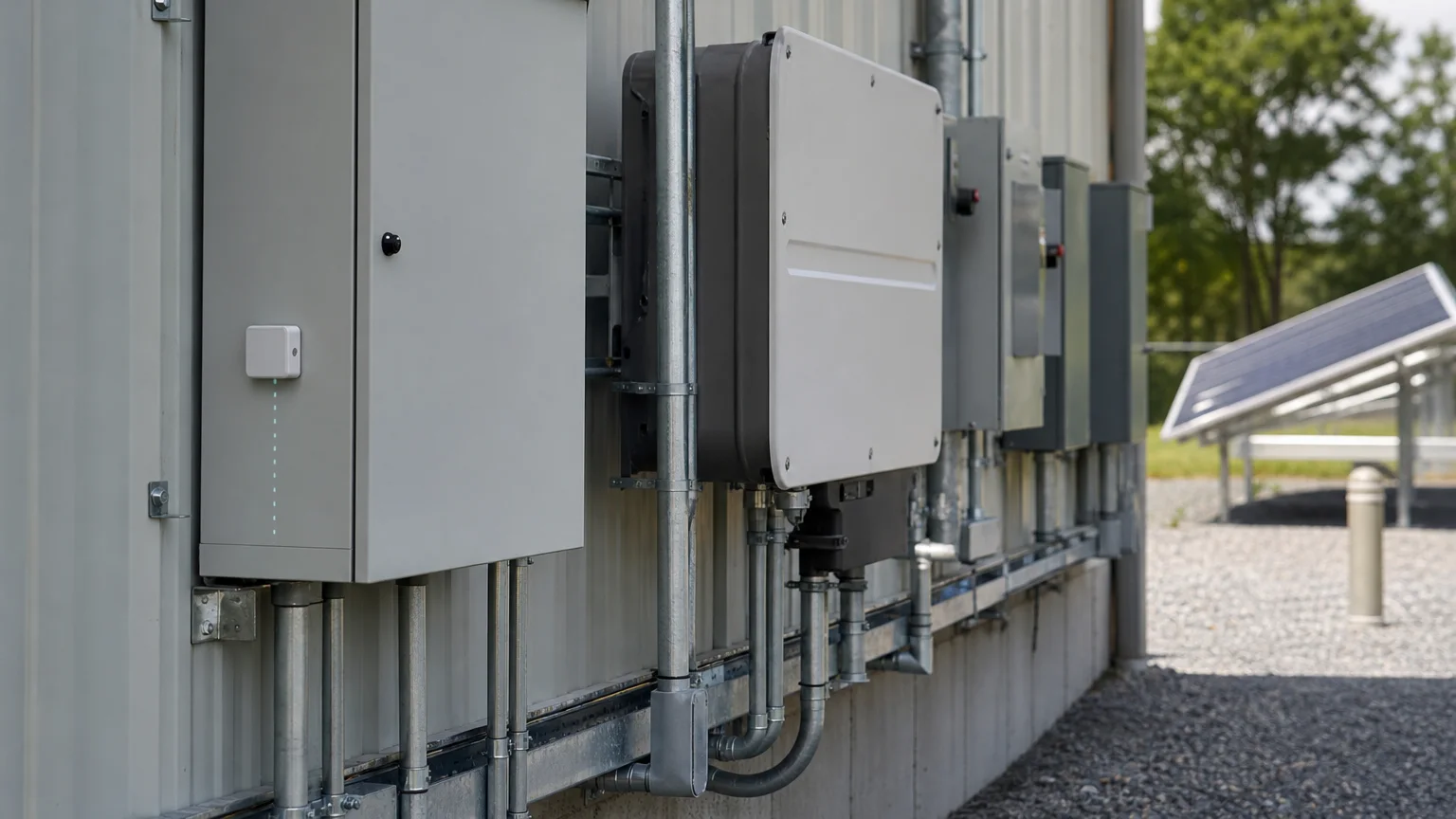 Site metering, storage and power-distribution infrastructure monitored for generation, consumption and available-capacity context.
