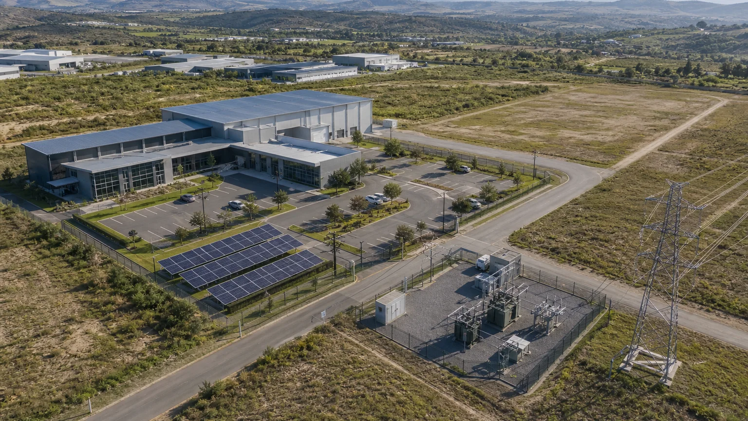 Commercial or industrial site with distributed power infrastructure used for load, renewable and future-capacity planning.