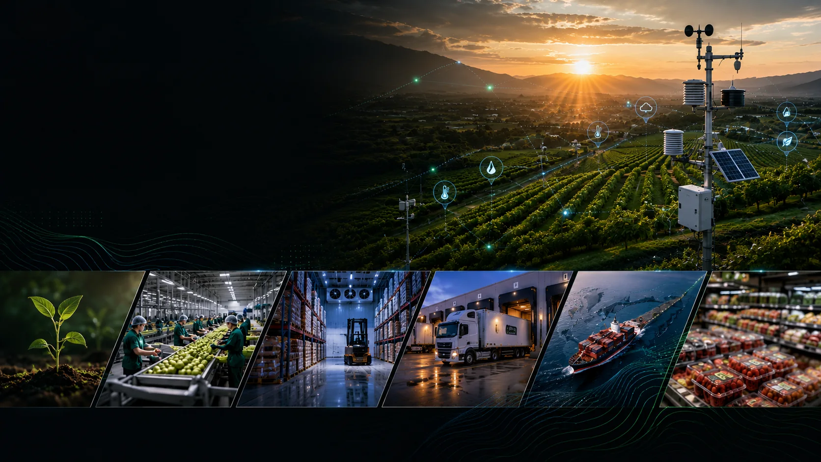Photorealistic Nvirosense platform visual showing agriculture, cold chain, logistics and industrial environments connected by telemetry and operational intelligence data overlays.