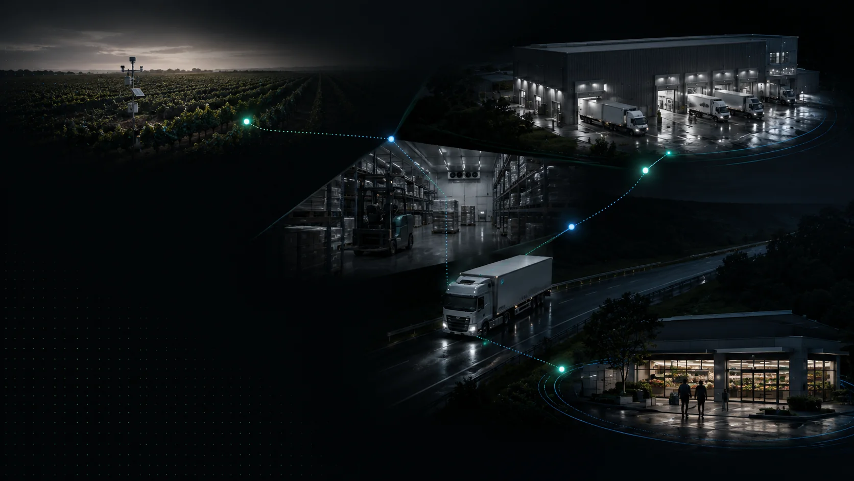 Connected farm, warehouse, logistics and controlled environment scenes showing Nvirosense field experience and telemetry paths across operational environments.