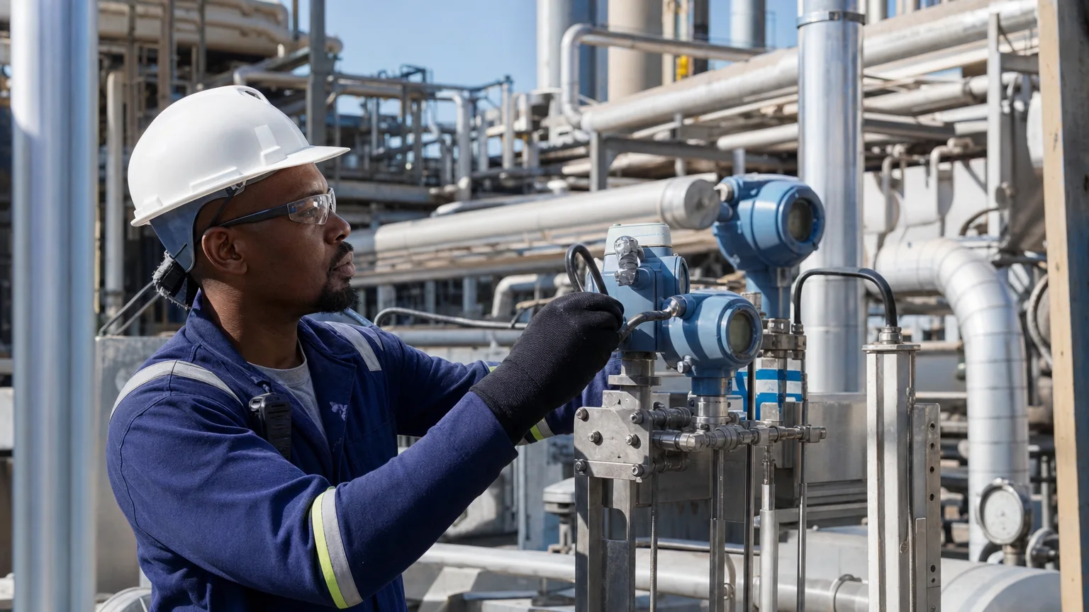 Technician inspecting installed industrial field instrumentation in a monitored process area.