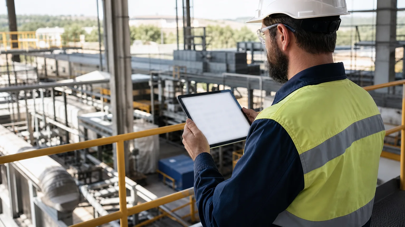 Industrial manager reviewing operational records from a safe observation area.