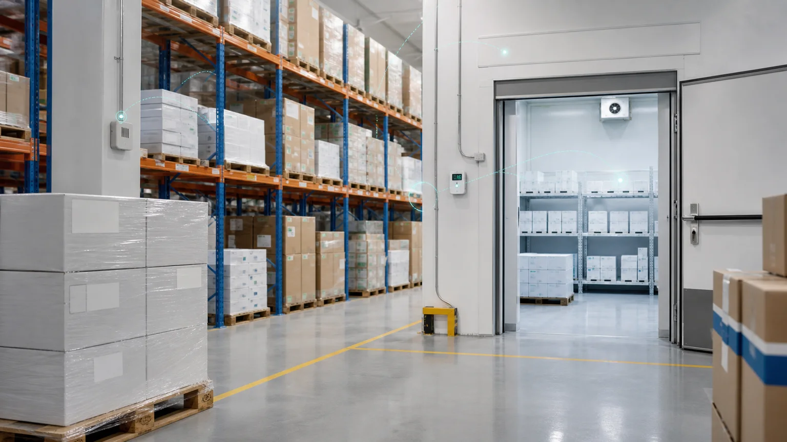 Pharmaceutical controlled-storage environment with environmental monitoring across warehouse and cold-storage areas.