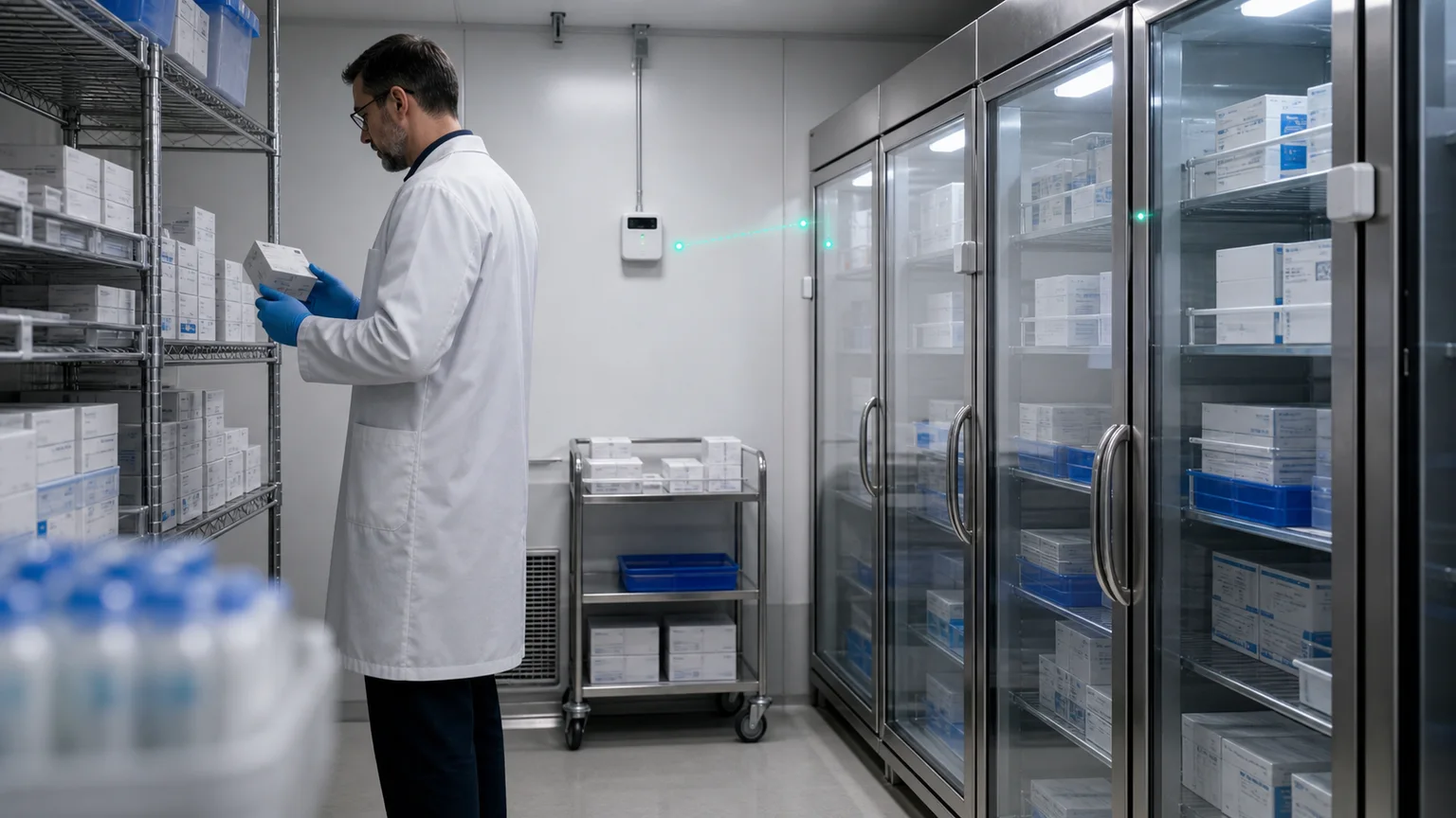 Pharmaceutical cold room and medical refrigeration environment with continuous temperature monitoring.