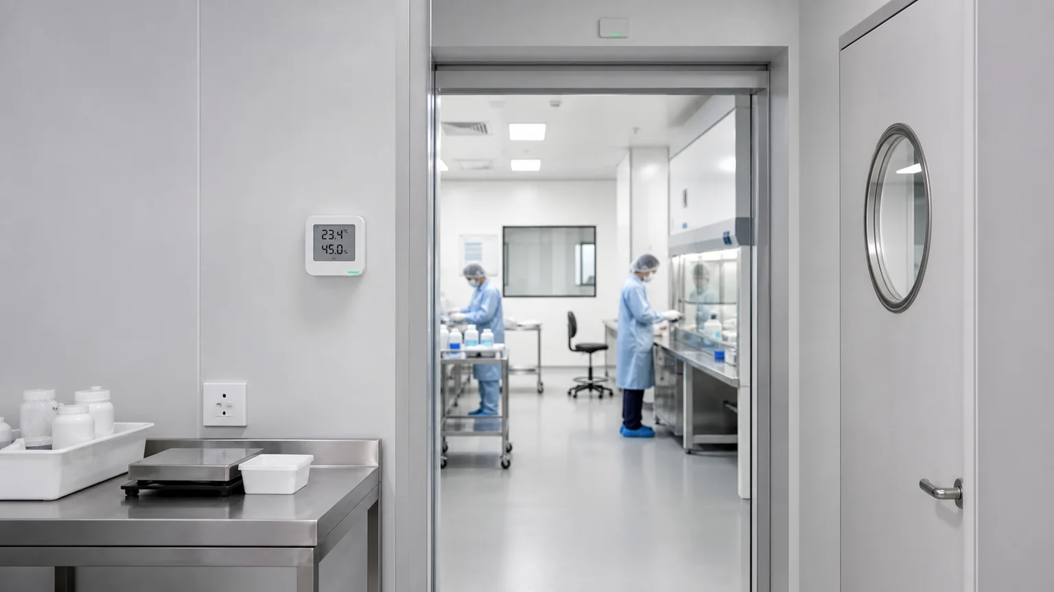 Pharmaceutical laboratory and controlled environment with temperature, humidity and pressure monitoring.