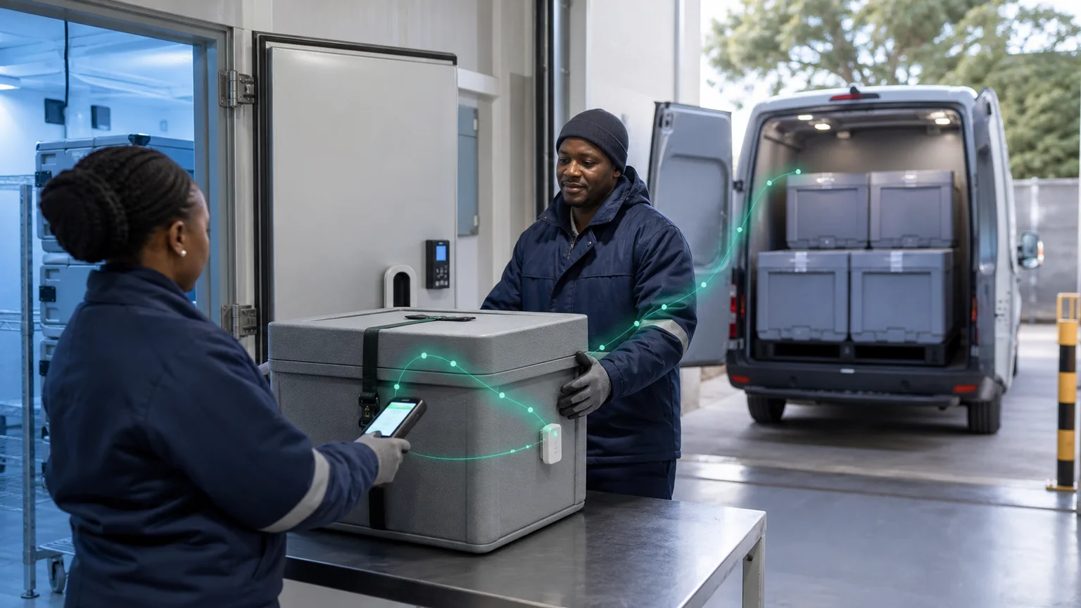 Monitored pharmaceutical consignment moving from controlled storage into temperature-sensitive distribution.
