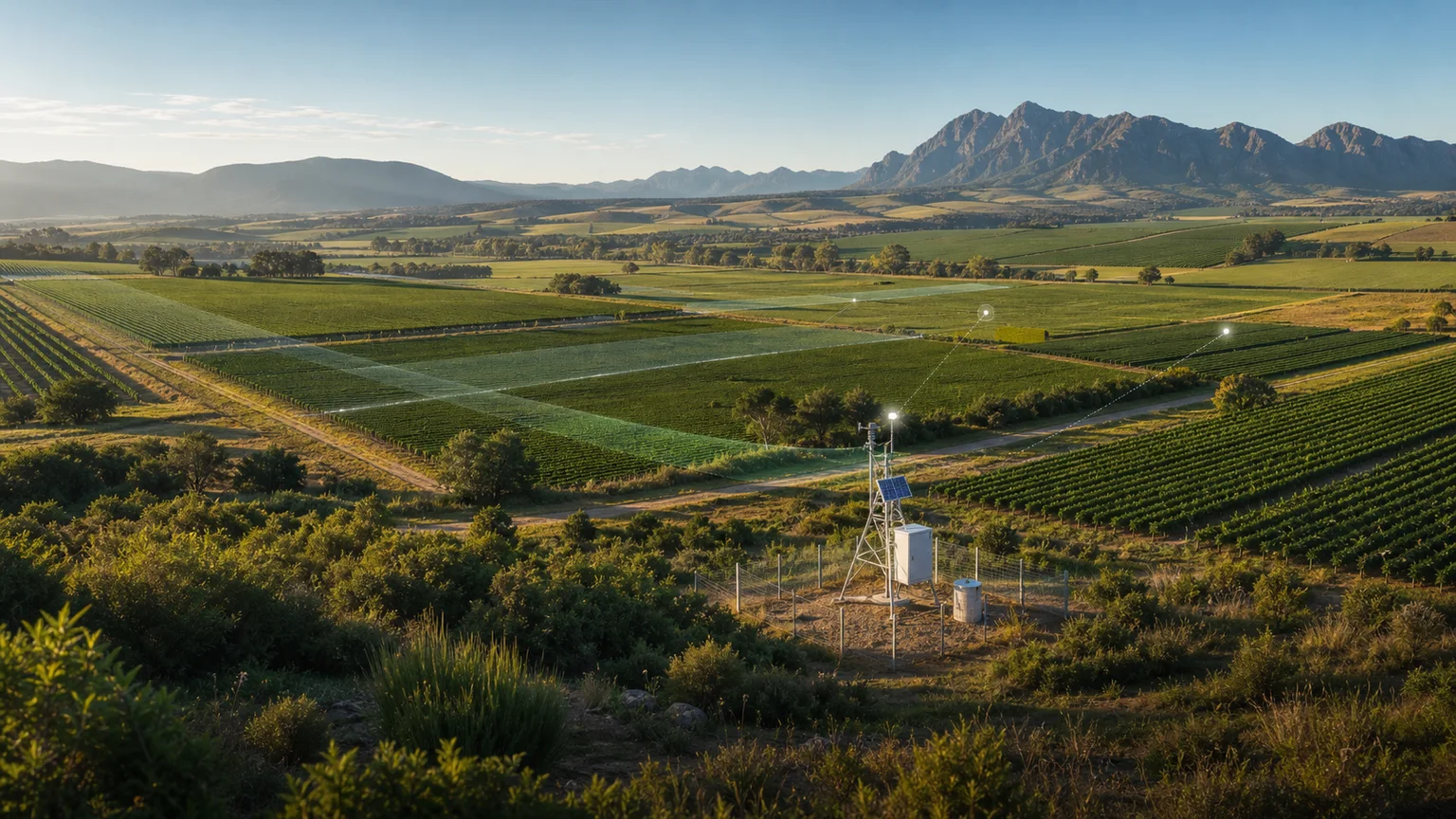 Agricultural research landscape linking wide-area environmental observation with scientific field measurements and calibrated intelligence.
