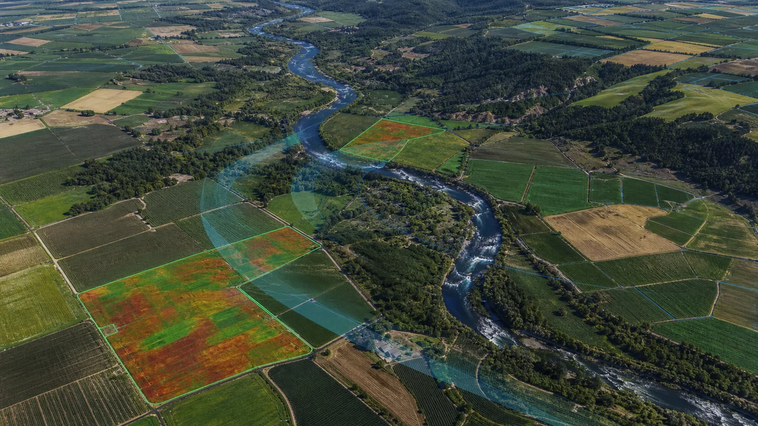 Wide-area Earth-observation view of agricultural fields with restrained multispectral and spatial-analysis context.