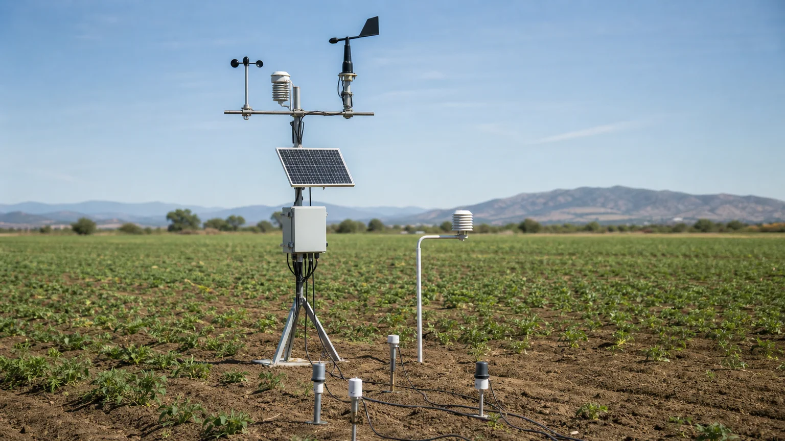 Research-grade weather, radiation and soil instruments collecting environmental measurements in an agricultural field.
