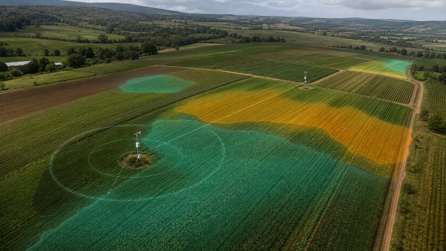 Agricultural landscape with calibrated environmental zones and virtual sensor coverage linked to measured field evidence.