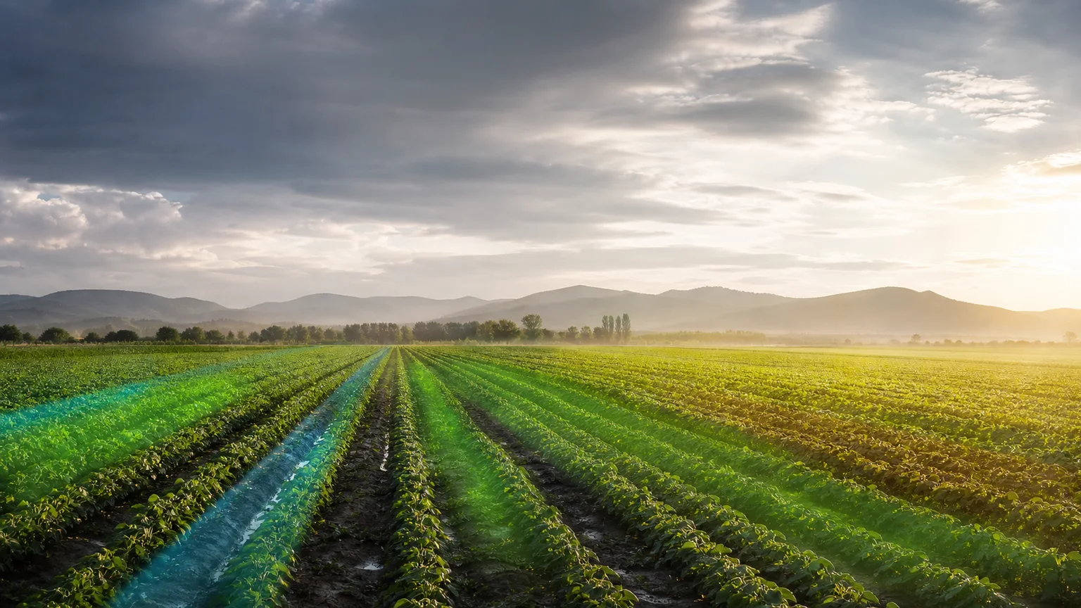 Agricultural landscape with restrained environmental forecasting cues for heat, atmospheric demand and soil moisture.