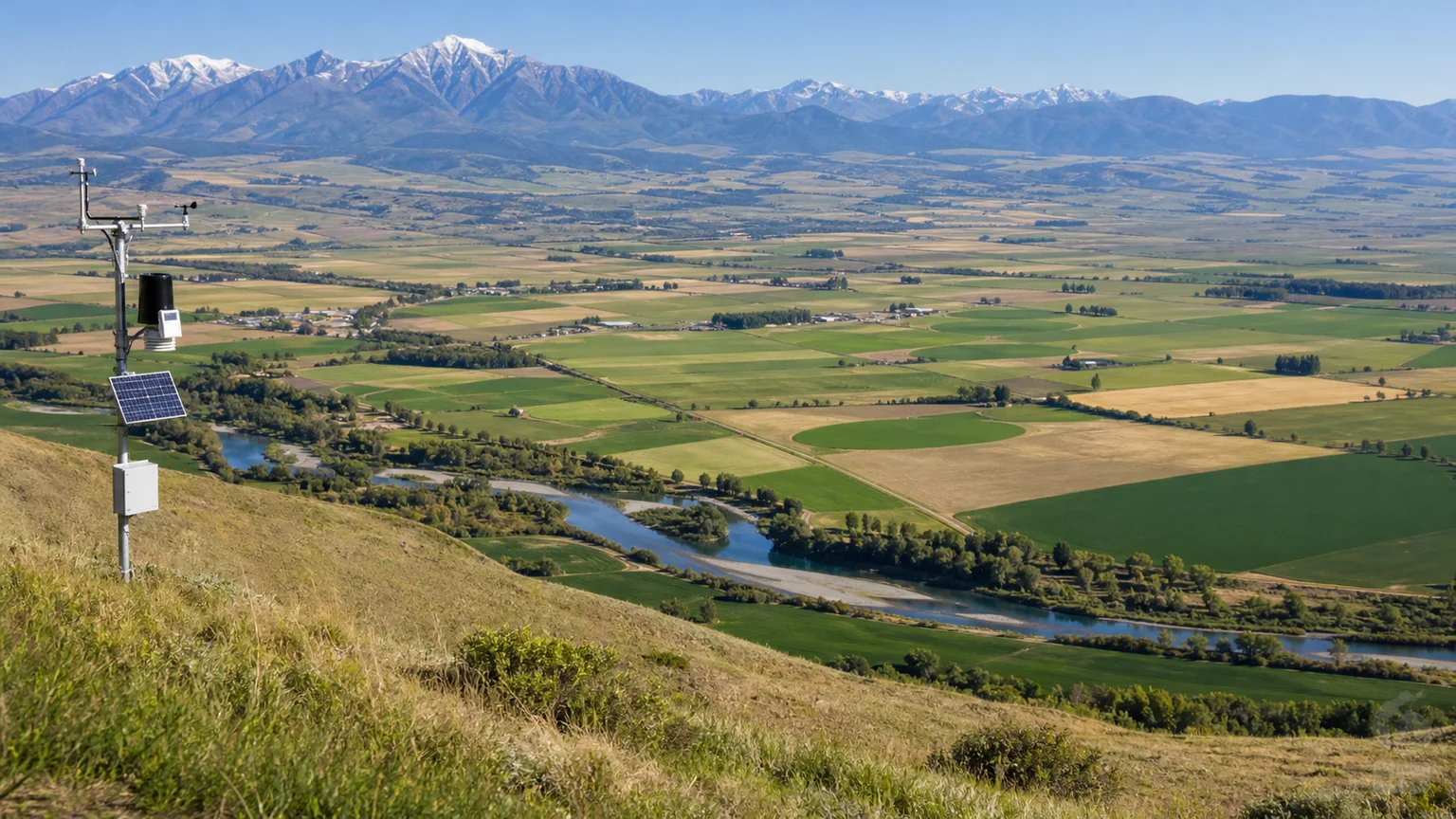 High-resolution regional agricultural landscape with field instrumentation and subtle environmental evidence layers.