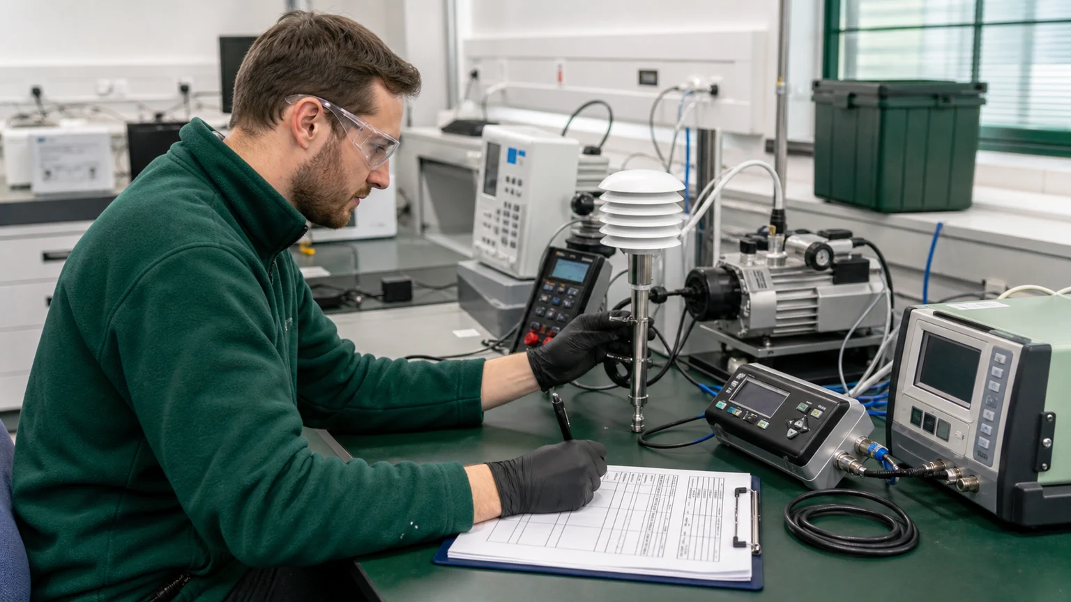 Laboratory technician checking environmental sensors against reference instruments and recording calibration results.