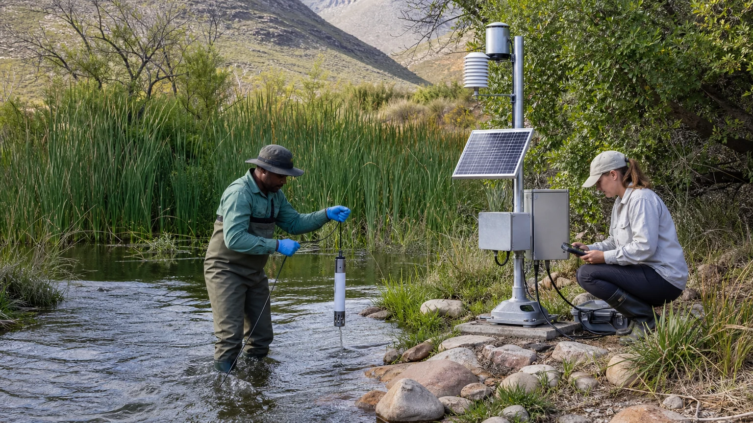 Environmental field researchers sampling a wetland beside a connected water and weather monitoring station.
