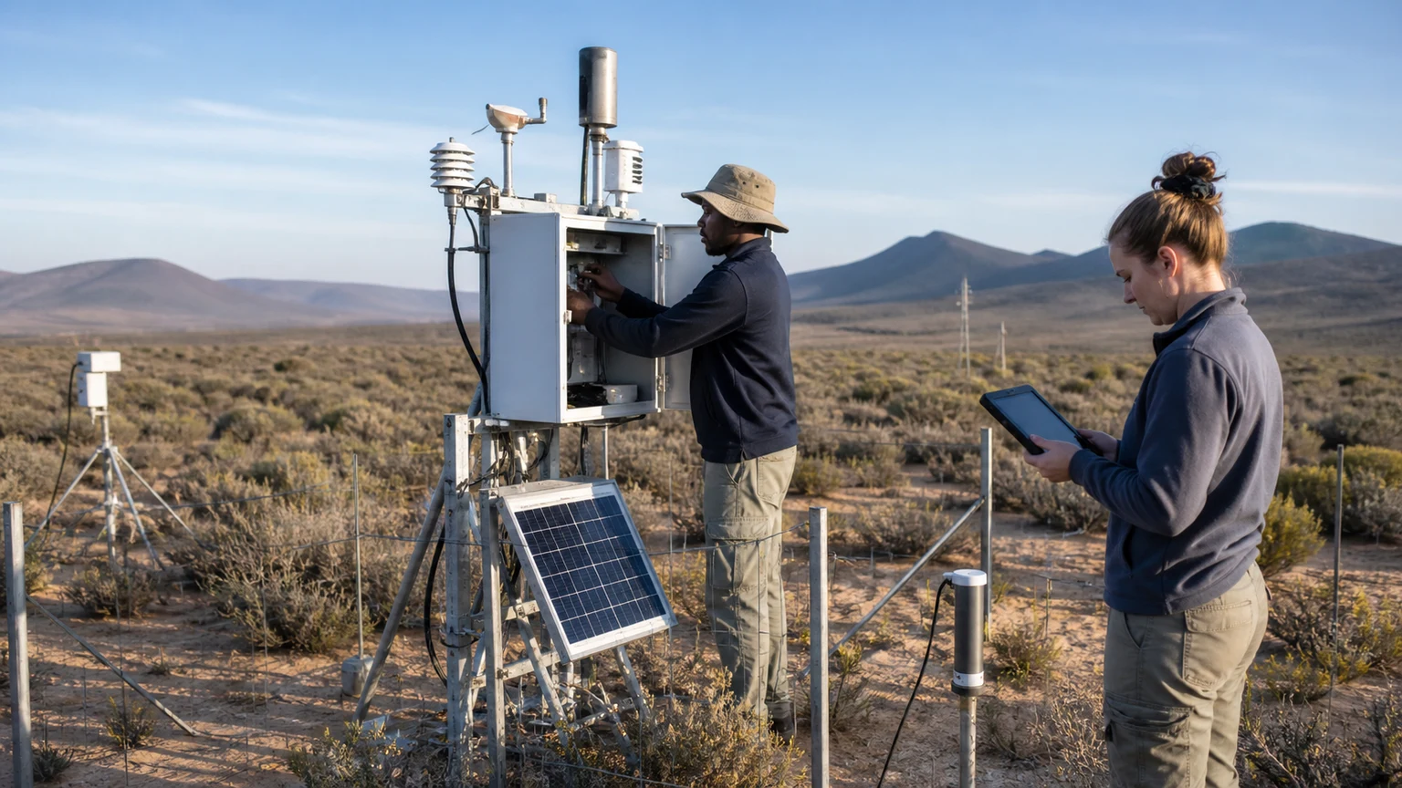 Research team reviewing field-station records and instrument status during a distributed environmental monitoring programme.
