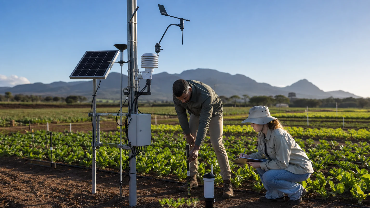 Environmental researchers commissioning weather, soil and atmospheric instruments at a university field research site.