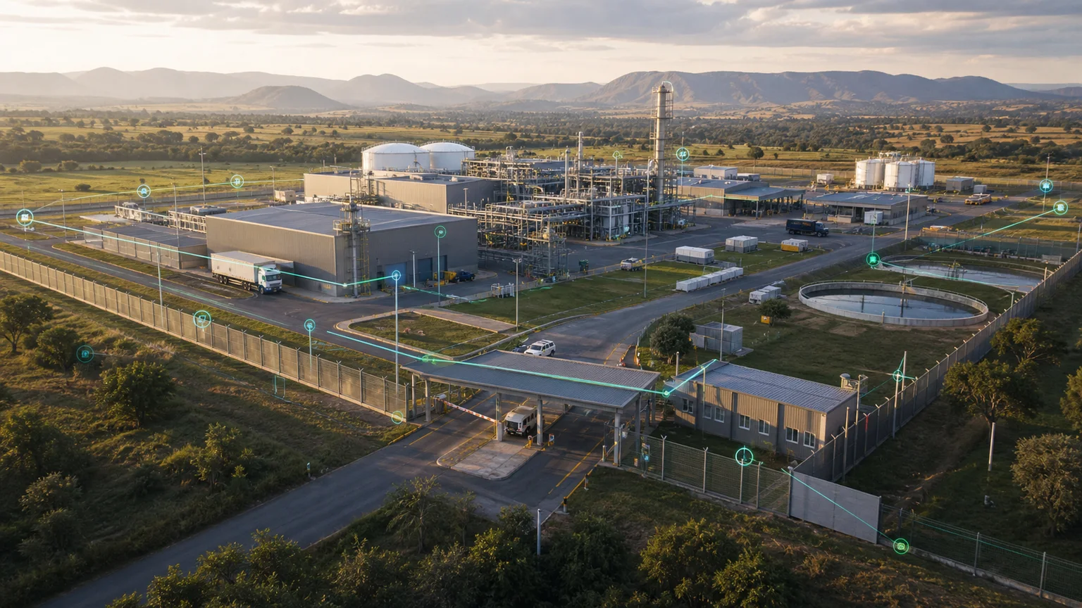 Connected security monitoring across a protected operational facility.