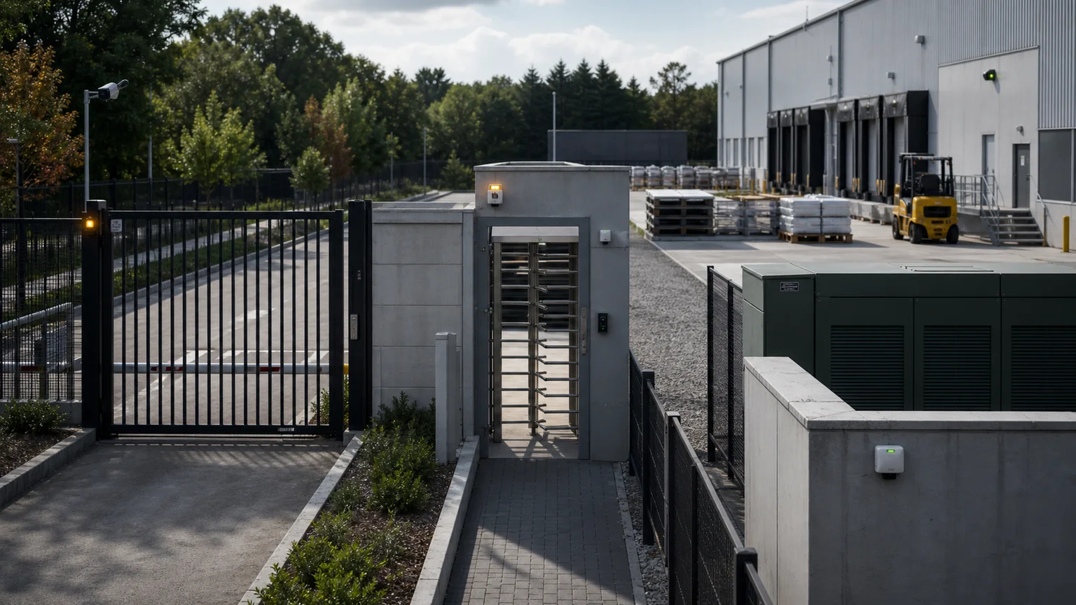 Separate security, access and site-condition systems operating across one protected facility.
