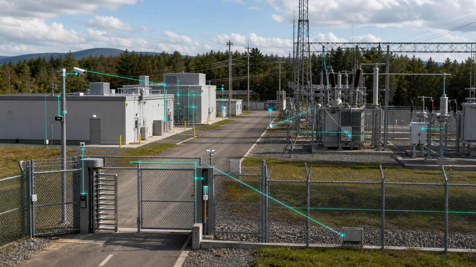 Perimeter, access and equipment conditions connected across a protected industrial site.