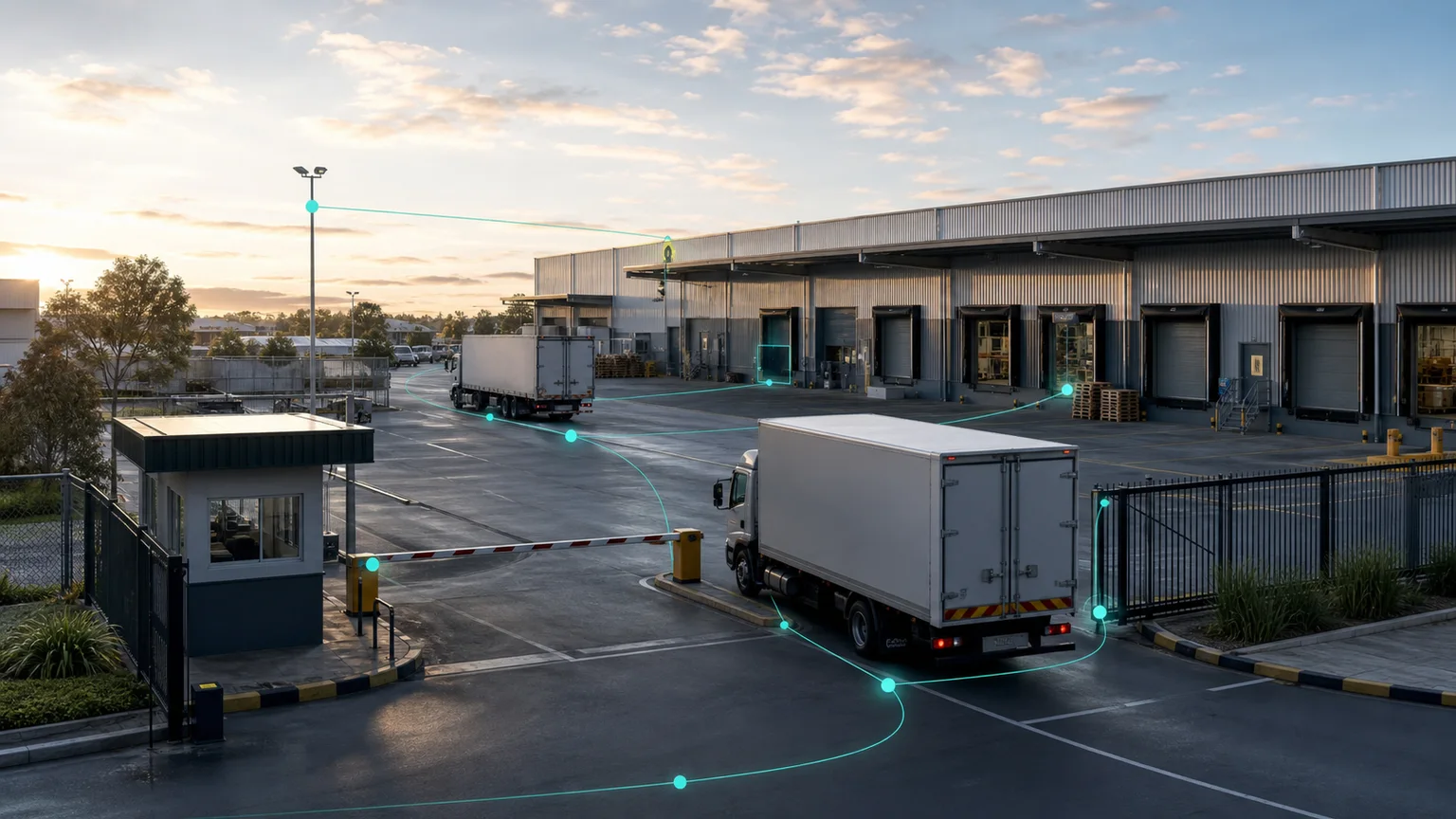 Vehicle gates, loading areas and access points connected across a monitored logistics facility.