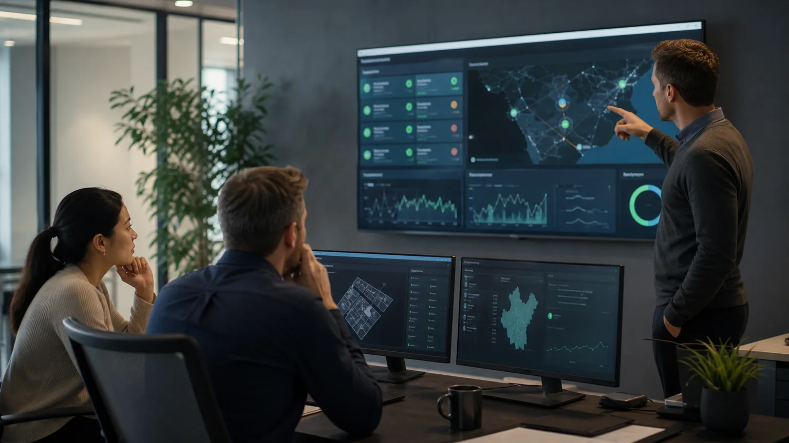 Operations team managing connected security profiles across multiple client sites.