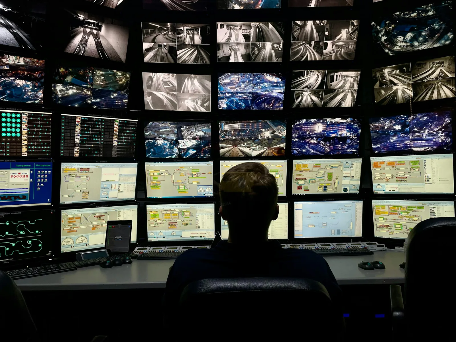 Operator supervising multi-screen transport and infrastructure monitoring