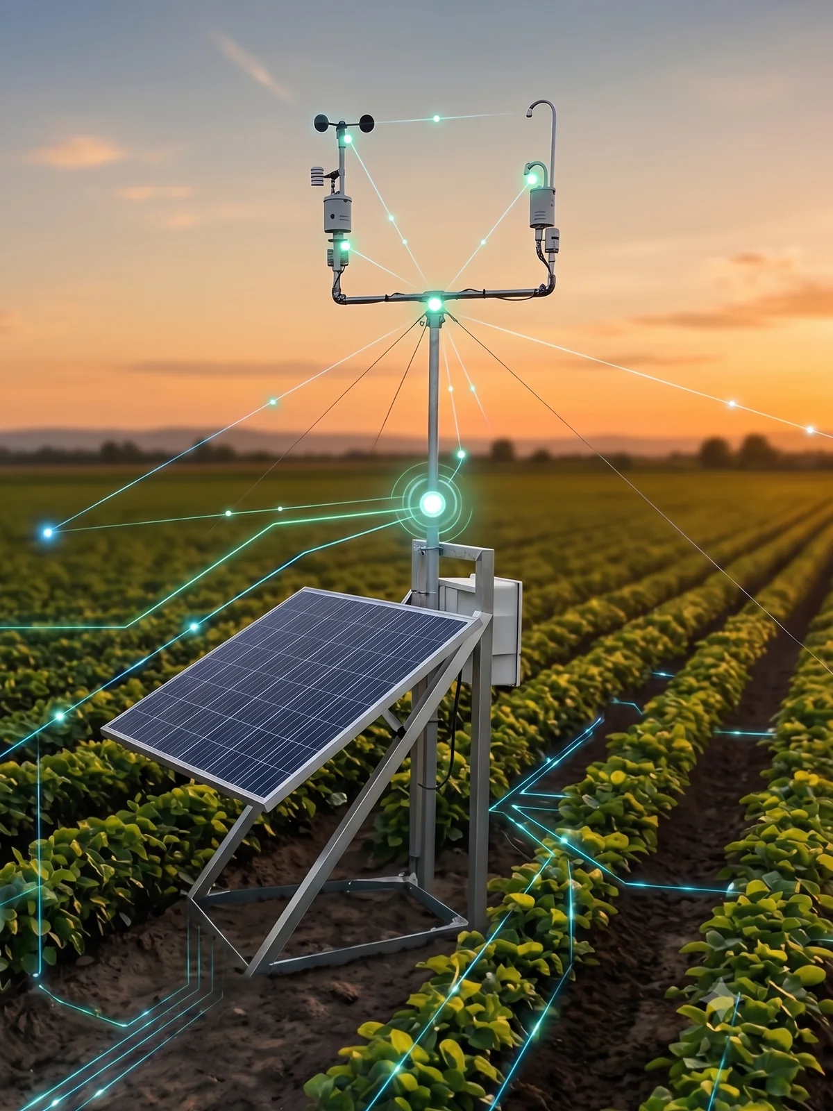 Terrabox field gateway with solar power, weather sensors and connected telemetry lines in an agriculture deployment