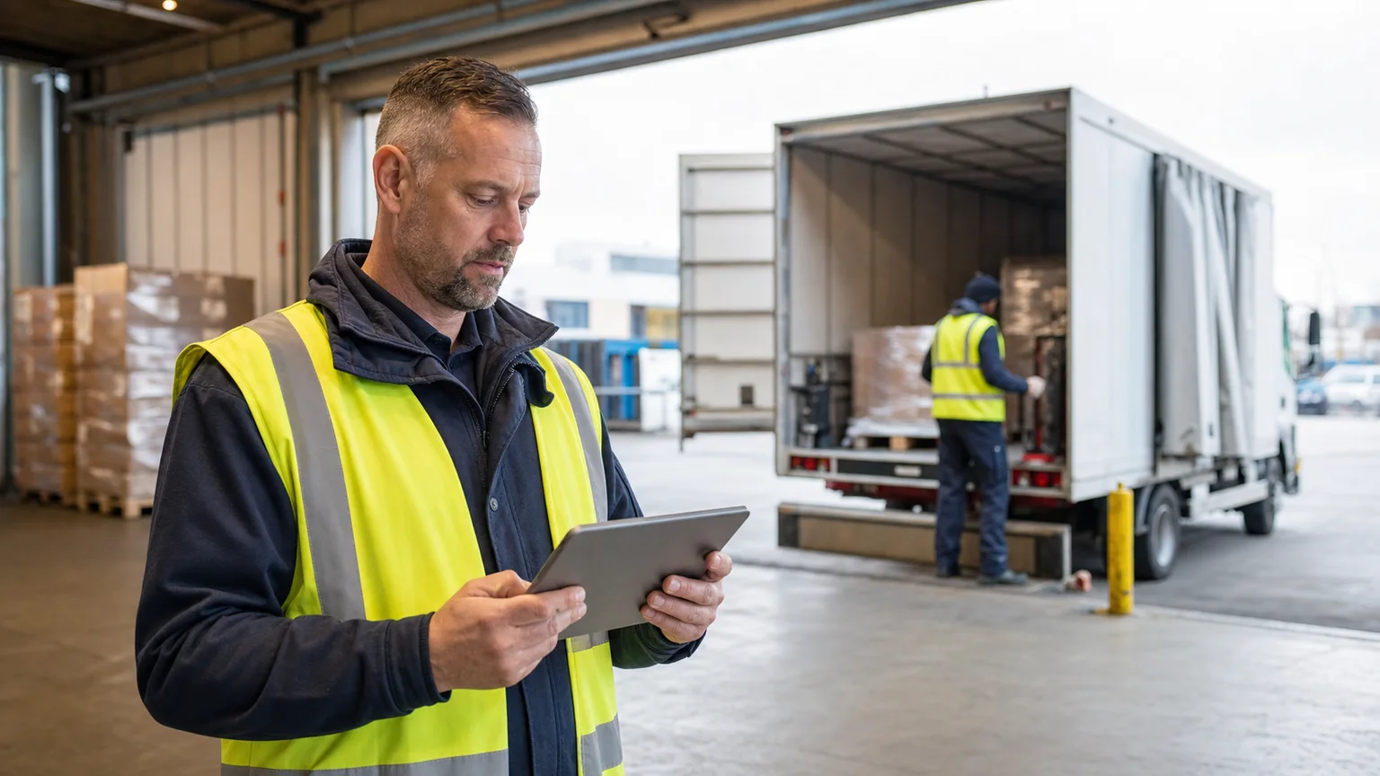 Logistics operator reviewing a route exception and handover record on a tablet at a distribution centre