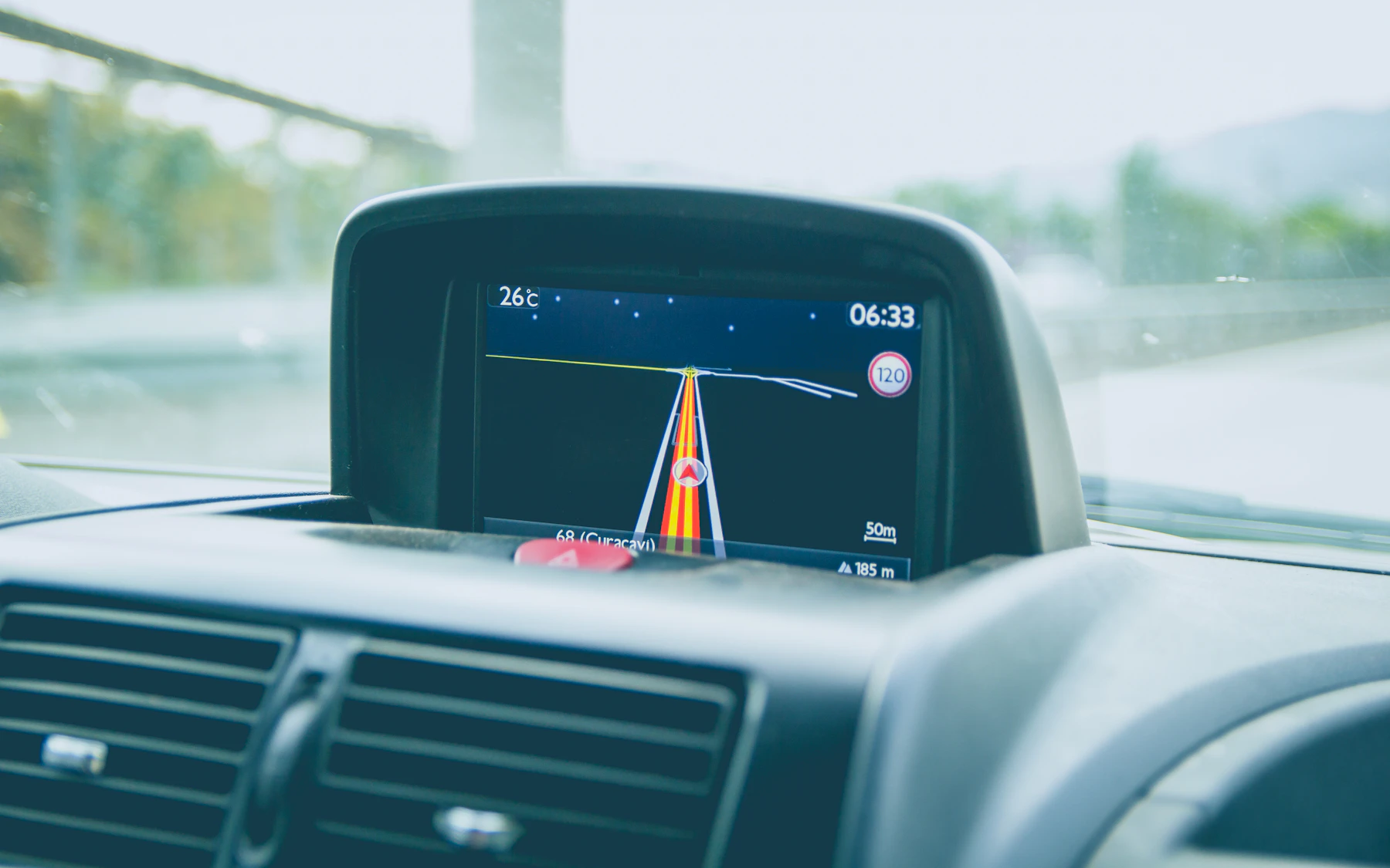 Vehicle navigation display showing an active route