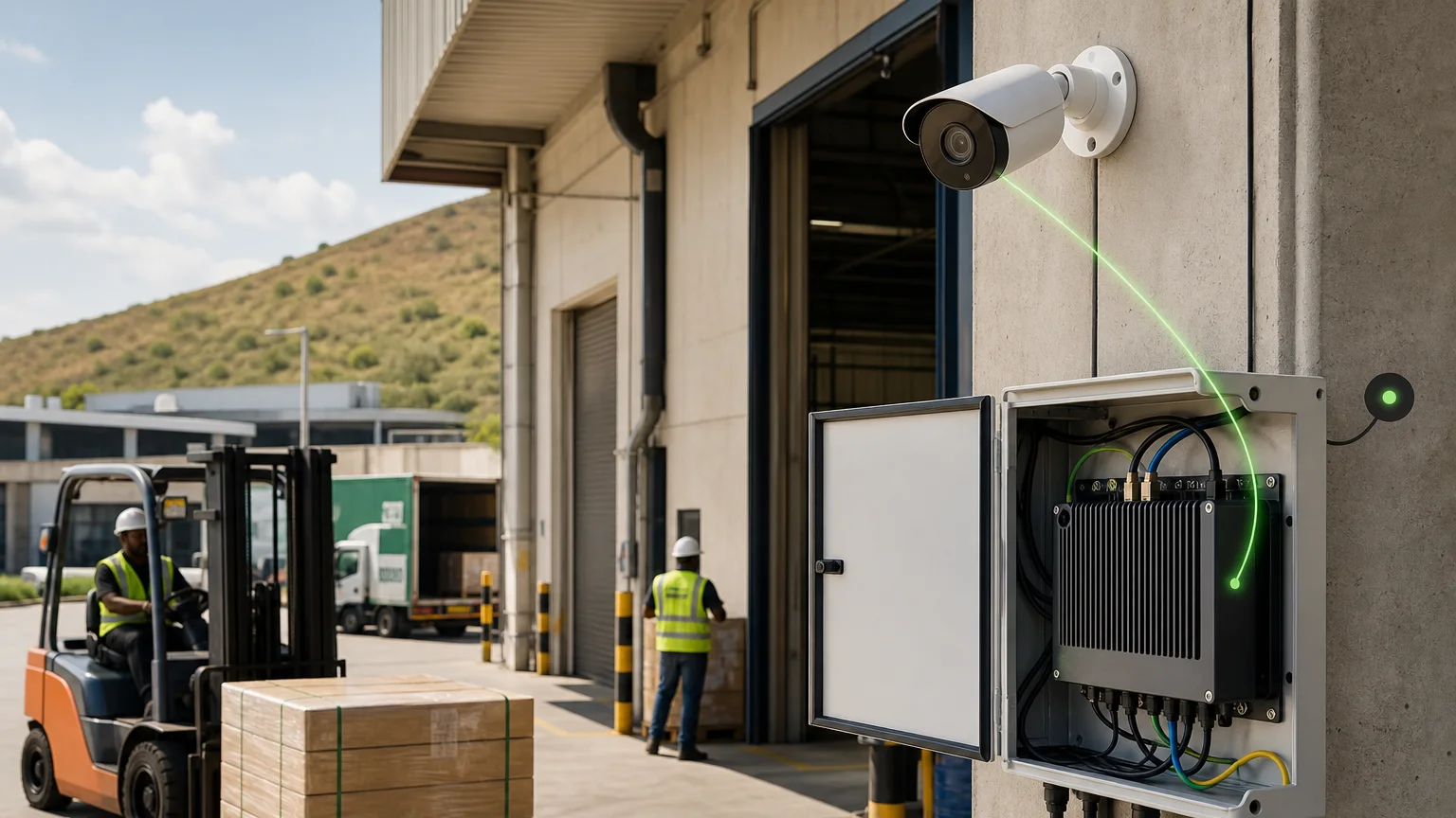 Existing site camera connected to NviroView™ local AI vision processing at an industrial loading bay