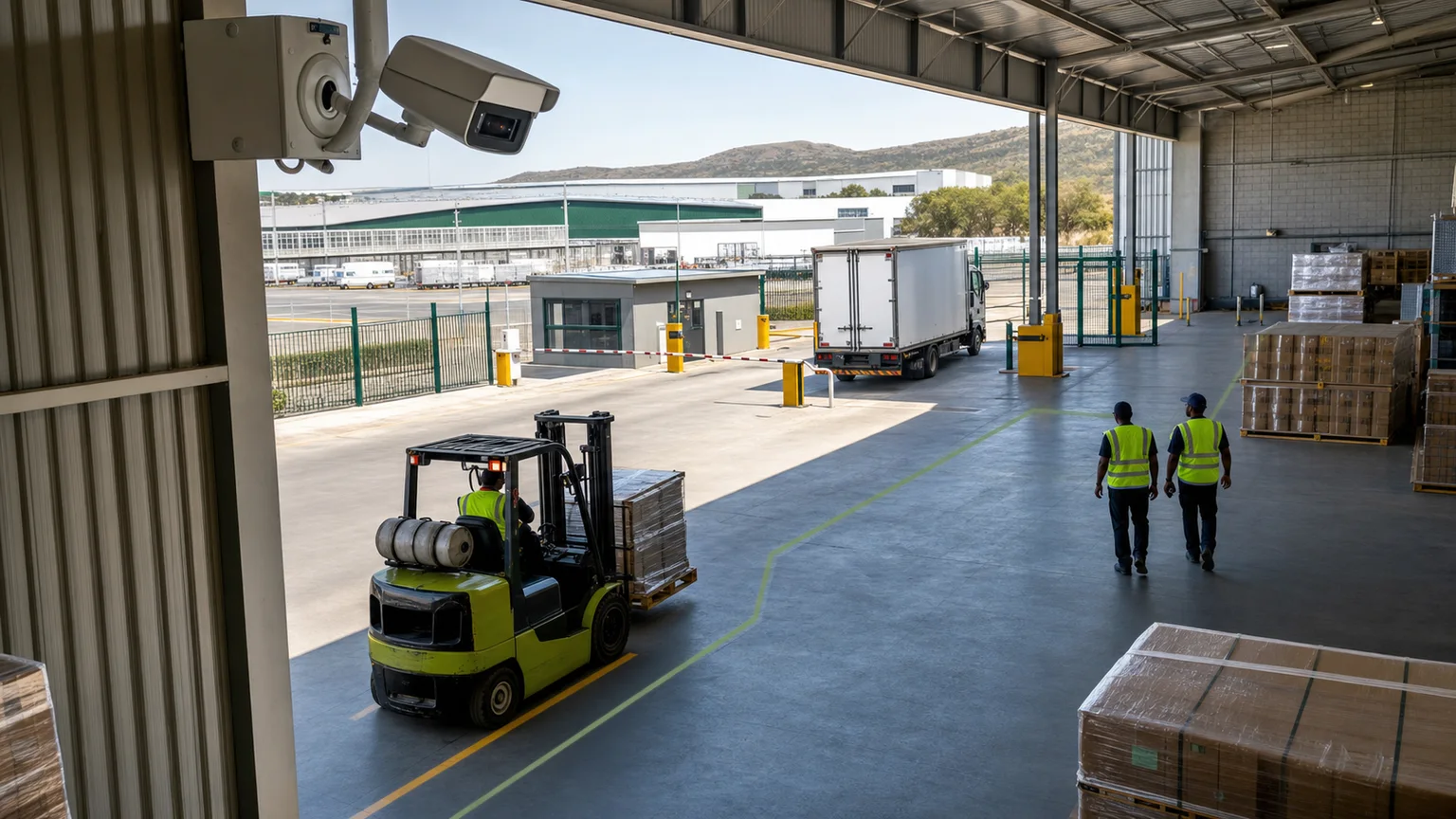 Existing site camera observing separated forklift, pedestrian and controlled-access activity at an industrial facility